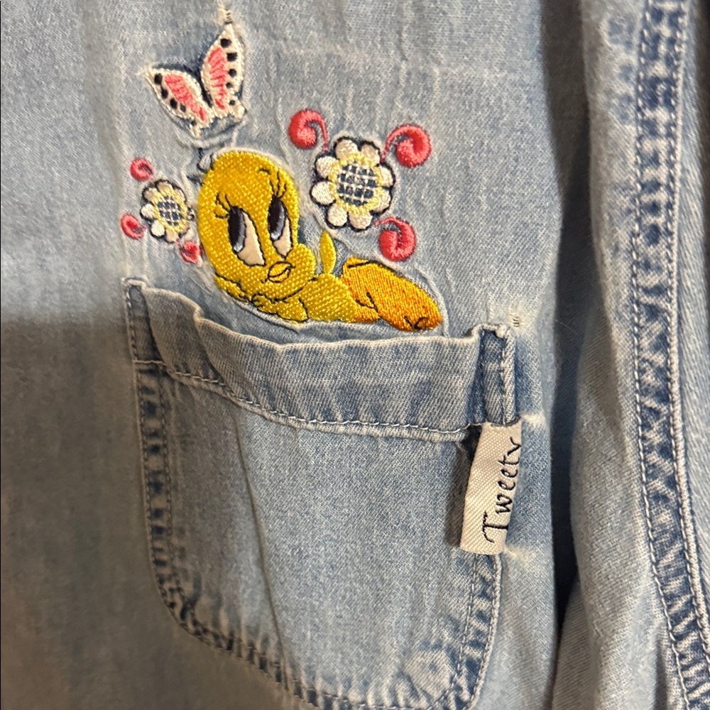 Warner Bros. TWEETY Blue Denim Button Down Shirt with Embroidery - Picture 5 of 5